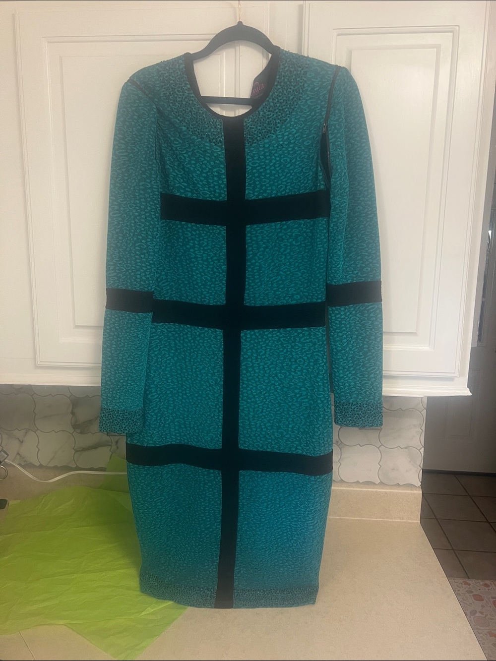 Teal Patterned Long Sleeve Sheath Dress with Black Trim